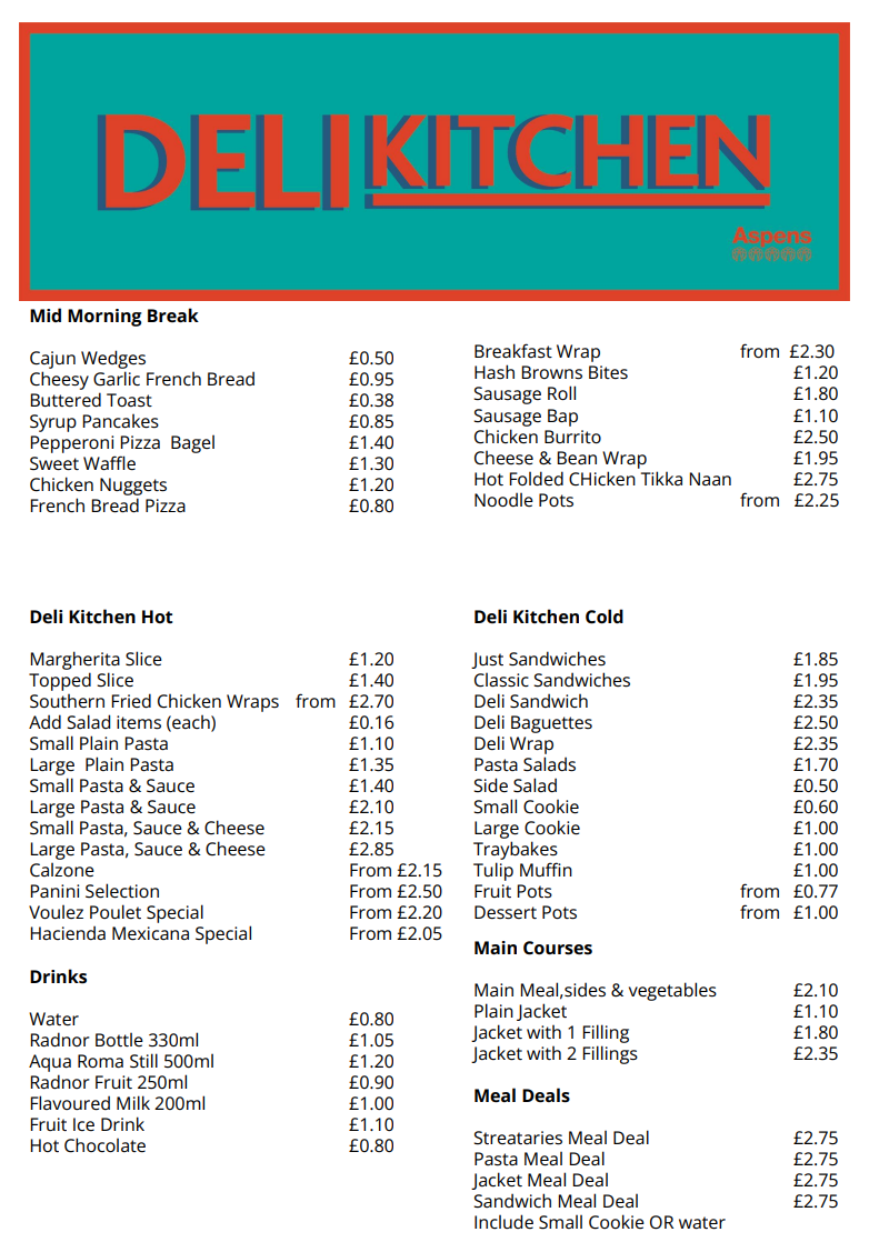 menu with choice and prices